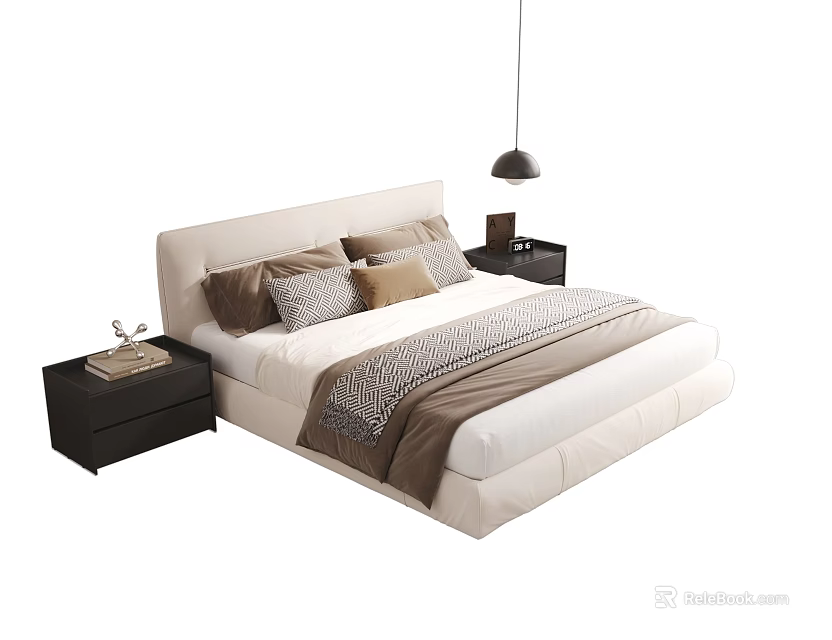 Modern Double Bed With Upholstered Headboard Pillows Patterned Throw Blanket And Nightstands With Table Lamp 3d model