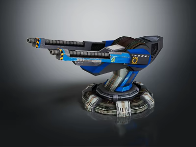 Futuristic Blue Mechanical Weapon With Double Barrel And Circular Metallic Base 3d model