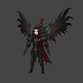 Fantasy Character in Black Armor with Creature-like Black Wings and Red Accents
