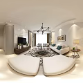 Modern Bright Open Plan Dining And Living Room With Warm Lighting And Comfortable Furniture