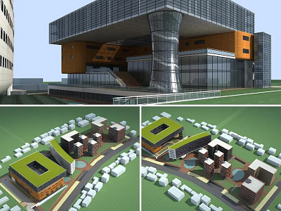 Modern Office Building Design With Glass Curtain Walls Metal Structure And Green Roof 3d model
