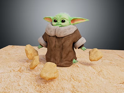 Grogu Green Alien Child In Brown Fur Collar Coat With Floating Stones On Sandy Ground 3d model