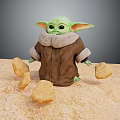 Grogu Green Alien Child In Brown Fur Collar Coat With Floating Stones On Sandy Ground