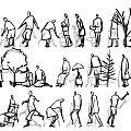 Black and White Stick Figure Wall Decor with Various Poses Trees and Chairs
