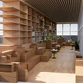 Book Art Themed Reading Space With Wooden Shelves Large Windows And Green Plants