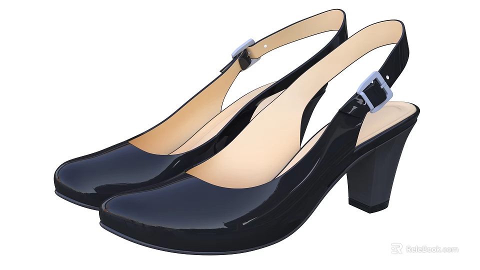 Black Patent Leather High Heels With Buckle Strap And Block Heel Design 3d model 