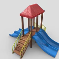 Playground Equipment With Red Roof Wooden Structure Blue Double Slides And Yellow Railings