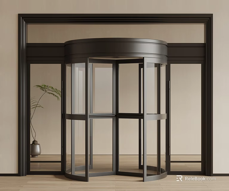 Modern Revolving Glass Door Entrance With Metal Frame And Indoor Plant 3d model 