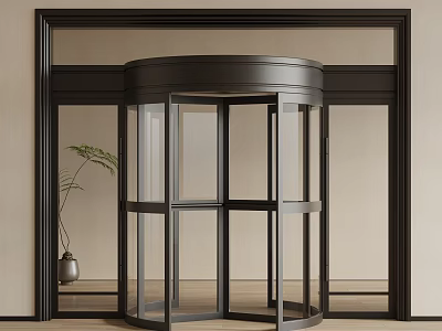 Modern Revolving Glass Door Entrance With Metal Frame And Indoor Plant 3d model