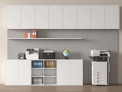 Office Workspace Interior With White Cabinets Open Shelves Globe Printer And Folders 3d model