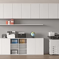Office Workspace Interior With White Cabinets Open Shelves Globe Printer And Folders 3d model