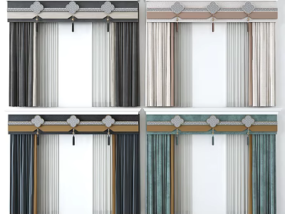 Elegant Layered Curtains With Decorative Top In Teal Dark Gray Colors 3d model