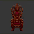 Red Ornate Throne Chair With Intricate Carvings And Velvet Upholstered Seat