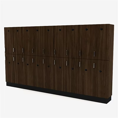 Brown Wooden Storage Lockers With Multiple Compartments And Metal Handles 3d model