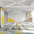 Modern Meeting Room Interior With Geometric Ceiling Yellow Accents White Chairs And Projection Screen