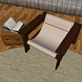 Cozy Leisure Chair With Wooden Frame Beige Cushion Open Book On Cabinet And Wooden Floor