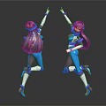 Two Purple Haired Female Characters In Blue Outfits Dancing Joyfully As Anime