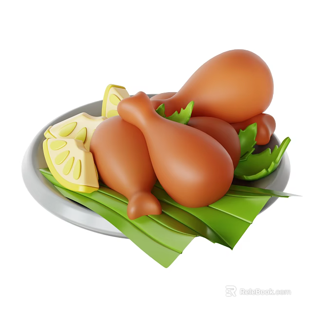 Roasted Chicken Drumsticks on a Plate with Lemon Slices and Fresh Green Leaves 3d model 