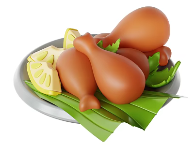 Roasted Chicken Drumsticks on a Plate with Lemon Slices and Fresh Green Leaves 3d model