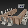 Conference Room Setup With Long Table White Chairs Projector Screen And Charts 3d model
