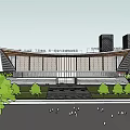 Modern Architectural Building With Glass Facade And Open Plaza People Walking In Evening Trees