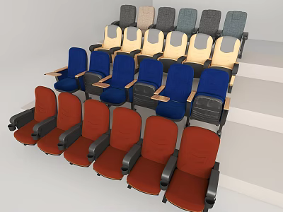 Colorful Public Chairs with Blue Red Beige Seats Arranged in Theater Rows 3d model