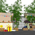 Outdoor Stalls With Colorful Bunting Balloons Fruits Gift Boxes And Wooden Crates