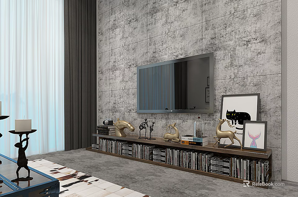Modern Wooden TV Stand with Decorative Figurines Picture Frame and Books on Gray Wall 3d model 