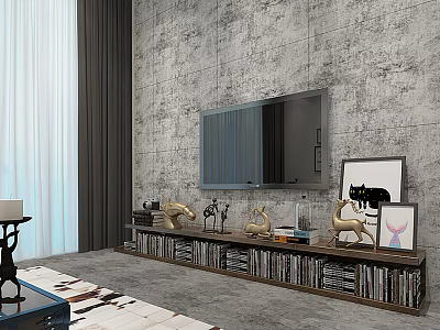 Modern Wooden TV Stand with Decorative Figurines Picture Frame and Books on Gray Wall 3d model