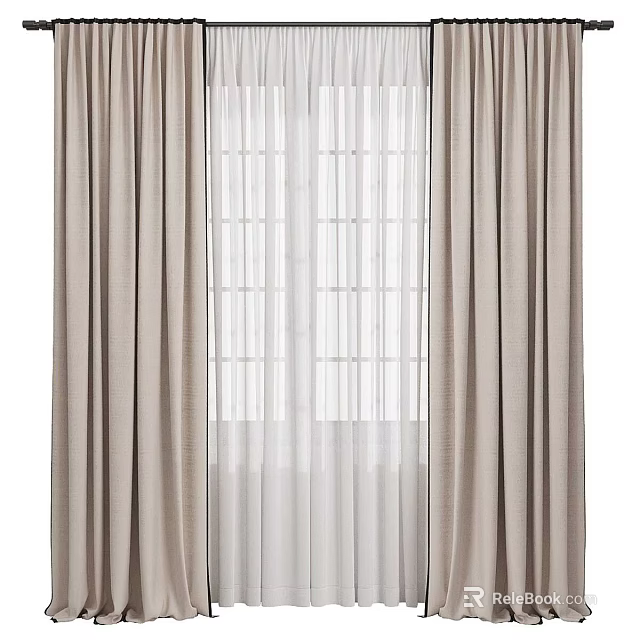 Beige Fabric Curtains With Sheer Layered Design For Window Decoration 3d model 