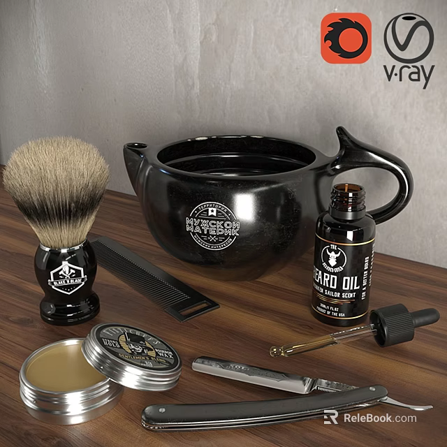 Men's Shaving Accessories Set With Brush Ceramic Bowl Oil Cream And Razor 3d model 