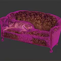 Vintage Floral Pattern Sofa In Golden Brown With Red Legs And Dog Resting