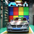Car 4S Shop Interior With Silver Car Colorful Grid Wall Shelves And Hanging Lights