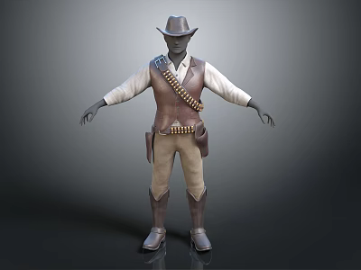 Game Movie Character In Cowboy Hat Brown Vest White Shirt Bullet Belt And Boots 3d model