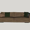 Pollform Brown Leather Three Seater Sofa With Green And Black Cushions On Neutral Wall