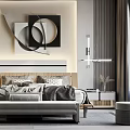 Modern Bedroom Interior With King Bed Decorative Art Nightstand And Ambient Lighting