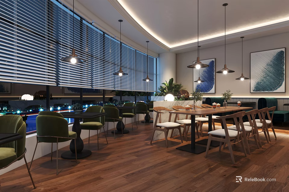 Elegant Modern Café Interior With Wooden Floors Pendant Lights And Green Plants 3d model 
