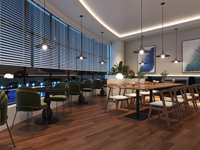 Elegant Modern Café Interior With Wooden Floors Pendant Lights And Green Plants 3d model