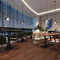 Elegant Modern Café Interior With Wooden Floors Pendant Lights And Green Plants