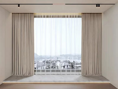 Beige Curtains And White Sheer Panels For Large Window With City View In Minimalist Interior 3d model