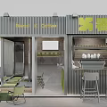 Modern Cafe Exterior And Interior With Metal Structure Green Cabinets And Outdoor Seating