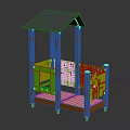 Play Equipment with Gray Roof Orange Pillars Green Fences and Wooden Platform