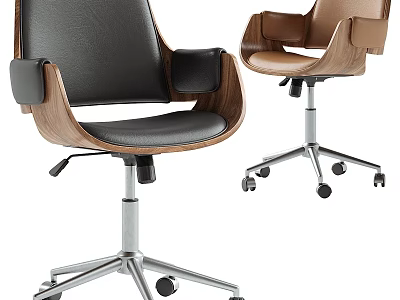 Black And Brown Leather Desk Chairs With Wooden Armrests Metal Bases And Wheels 3d model