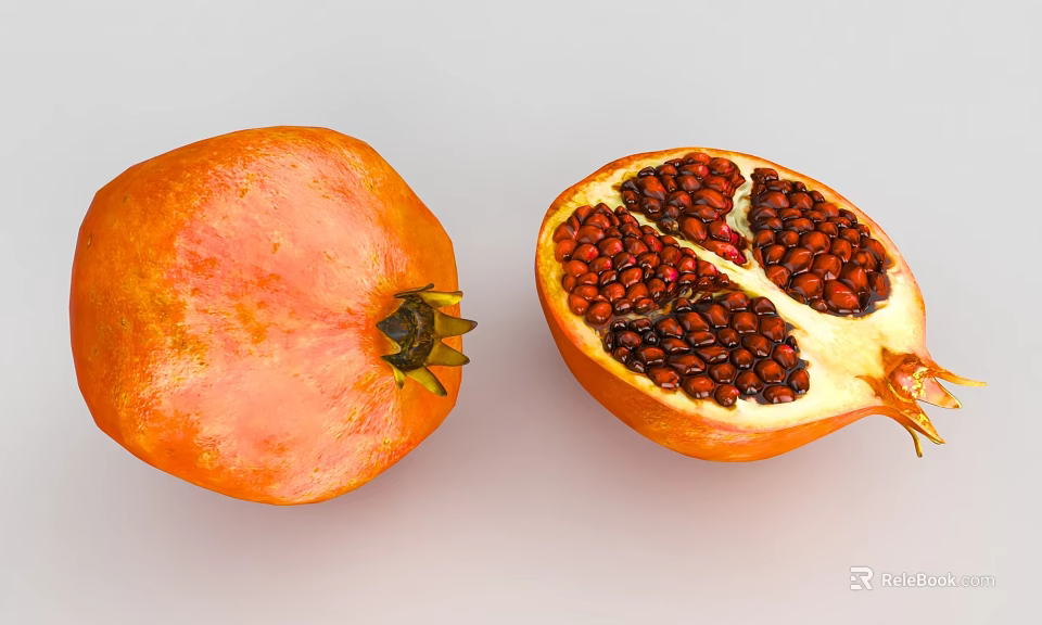 Fresh Whole Pomegranate and Cut Open One with Juicy Red Seeds 3d model 