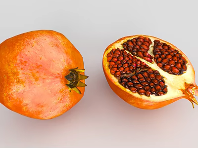 Fresh Whole Pomegranate and Cut Open One with Juicy Red Seeds 3d model