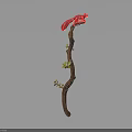 Handcrafted Wooden Cane With Red Squirrel Decoration On Top And Small Green Leaves Vines