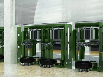 Industrial Tire Production With Green Machinery Silver Cylinders And Black Tires 3d model