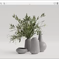 Various Shaped Gray Ceramic Vases With Green Olive Branches Modern Floral Decor