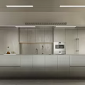 Modern Industrial Kitchen With Gray Cabinets Long Countertop And Window Blinds