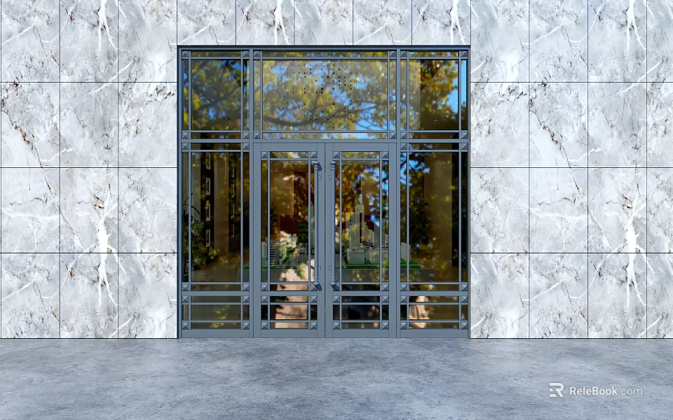 Modern Villa Balcony Design With Glass Doors Marble Wall And Green Plants 3d model 